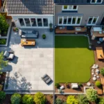 Luchtfoto van halfvoltooide achtertuinrenovatie met contrasterende afgewerkte stenen patio en onafgewerkte grondwerkzaamheden bij Nederlandse woning