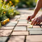 Vakkundige handen leggen sierbestrating in herringbonepatroon voor tuinpad, met gereedschap en meetlint in zonlicht omringd door vage sierplanten.