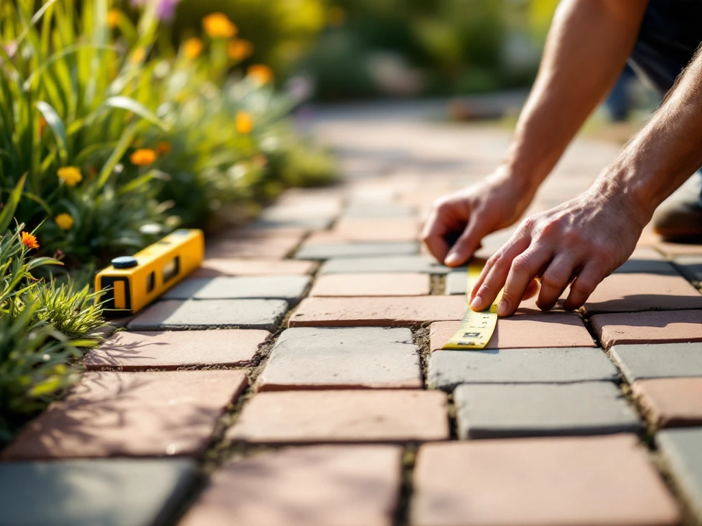 Vakkundige handen leggen sierbestrating in herringbonepatroon voor tuinpad, met gereedschap en meetlint in zonlicht omringd door vage sierplanten.