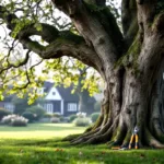 Majestueuze oude beukenboom in een Nederlandse tuin bij ochtendlicht, met professionele snoeivoorbeelden en gereedschap, Almere landschap op achtergrond.