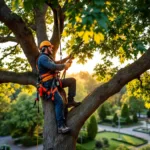 Boomchirurg in veiligheidsuitrusting snoeit zorgvuldig een tak van een majestueuze eikenboom in Almere, met zonlicht dat door het bladerdak filtert.