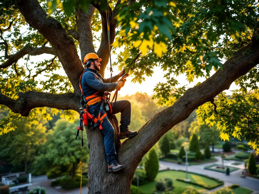 Boomchirurg in veiligheidsuitrusting snoeit zorgvuldig een tak van een majestueuze eikenboom in Almere, met zonlicht dat door het bladerdak filtert.