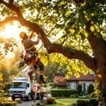 Boomverzorger in veiligheidsuitrusting werkt hoog in een eikenboom met gespecialiseerd snoeimateriaal. Een hoogwerker staat beneden in een verzorgde tuin in Almere.