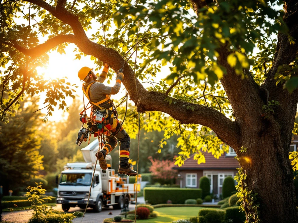 Boomverzorger in veiligheidsuitrusting werkt hoog in een eikenboom met gespecialiseerd snoeimateriaal. Een hoogwerker staat beneden in een verzorgde tuin in Almere.