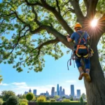 Boomchirurg in veiligheidsuitrusting snoeit een grote eikenboom, met op de achtergrond de skyline van Almere en een verzorgde tuin eronder.