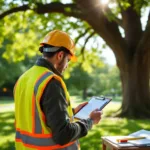 Boomcontroleur onderzoekt een eikenboom in park te Almere, draagt veiligheidsuitrusting en documenteert bevindingen op tablet in natuurlijk zonlicht.