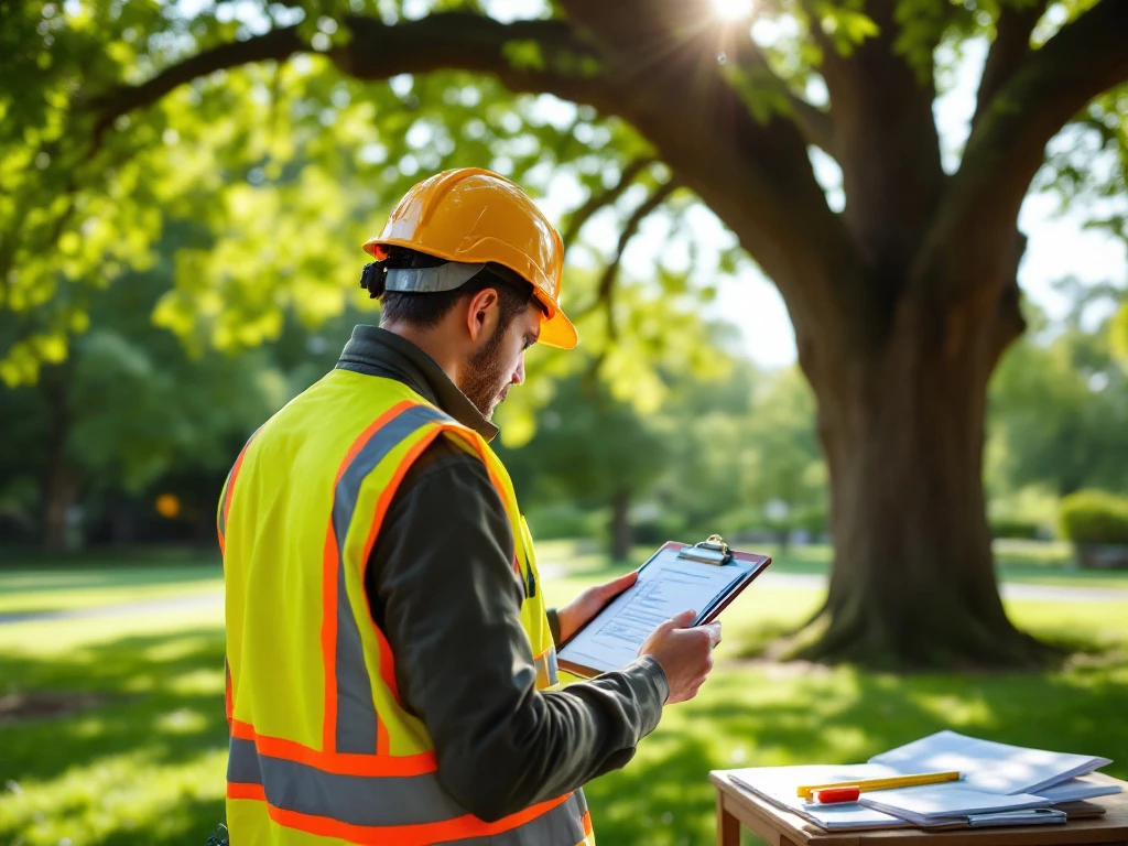 Boomcontroleur onderzoekt een eikenboom in park te Almere, draagt veiligheidsuitrusting en documenteert bevindingen op tablet in natuurlijk zonlicht.