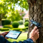 Boomspecialist meet boomstam met digitale schuifmaat tijdens professionele VTA-inspectie in een verzorgde Almerse tuin onder natuurlijk bladerdak.
