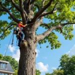 Professionele arborist in veiligheidsuitrusting snoeit een majestueuze eikenboom vanaf een hoogwerker tegen een blauwe lucht en verzorgde tuin.