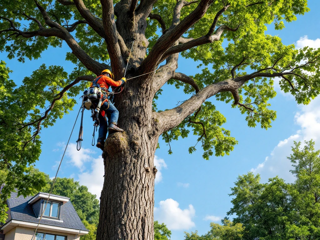 Professionele arborist in veiligheidsuitrusting snoeit een majestueuze eikenboom vanaf een hoogwerker tegen een blauwe lucht en verzorgde tuin.