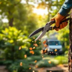 Professionele boomsnoeier knipt nauwkeurig een dikke tak in verzorgde tuin in Almere, met landschapsbedrijfswagen zichtbaar op achtergrond
