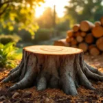 Vers gezaagde boomstronk met jaarringen in verzorgde tuin in Almere, omringd door netjes gestapeld hout en mulch in warm middaglicht.