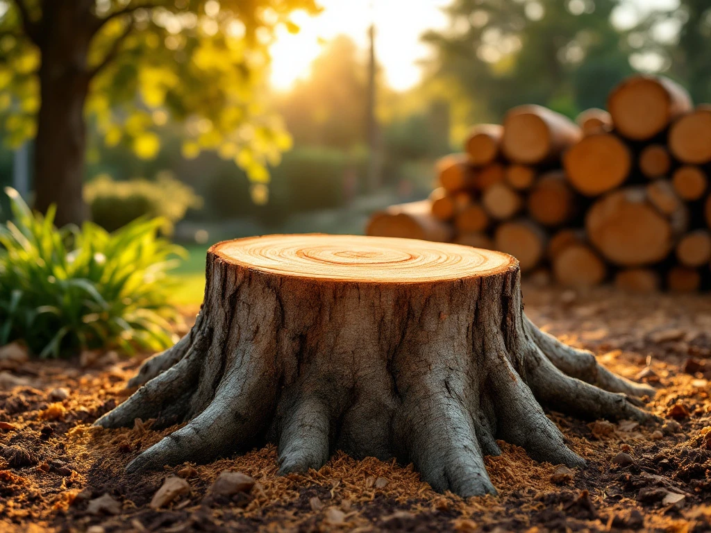 Vers gezaagde boomstronk met jaarringen in verzorgde tuin in Almere, omringd door netjes gestapeld hout en mulch in warm middaglicht.