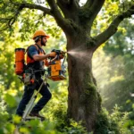 Professionele boomverzorger snoeit majestueuze eik vanuit hoogwerker in verzorgde tuin in Almere, met zonlicht dat door de takken valt.