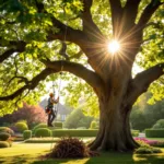 Professionele boomverzorger in veiligheidsuitrusting snoeit een volwassen eikenboom vanuit klimtouwen in een verzorgde tuin in Almere tijdens de gouden namiddagzon.