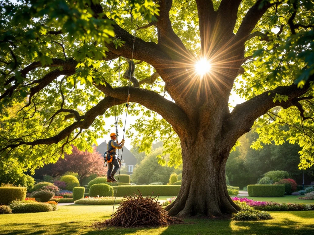 Professionele boomverzorger in veiligheidsuitrusting snoeit een volwassen eikenboom vanuit klimtouwen in een verzorgde tuin in Almere tijdens de gouden namiddagzon.