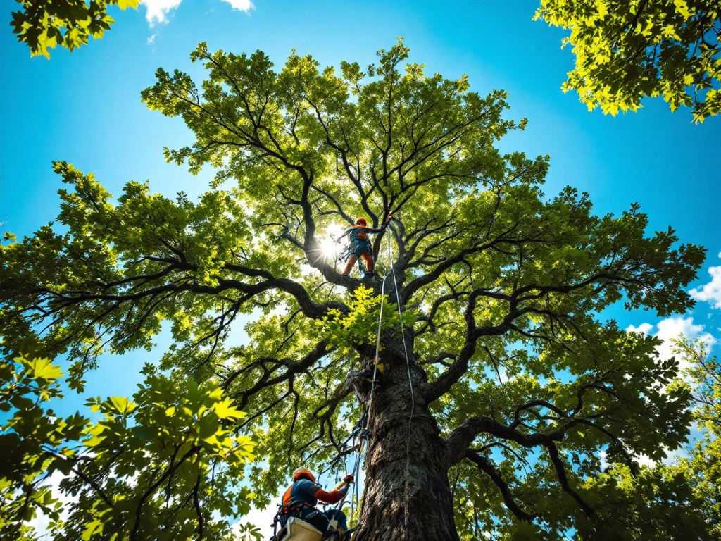 Boomverzorger snoeit hoog in een eikenboom vanuit laag perspectief, met hoogwerker zichtbaar aan de basis en veiligheidsuitrusting in Almere.