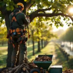 Boomverzorger in veiligheidsuitrusting snoeit zorgvuldig takken hoog in eikenboom, met typisch Nederlands kanaallandschap en professionele apparatuur op de achtergrond.
