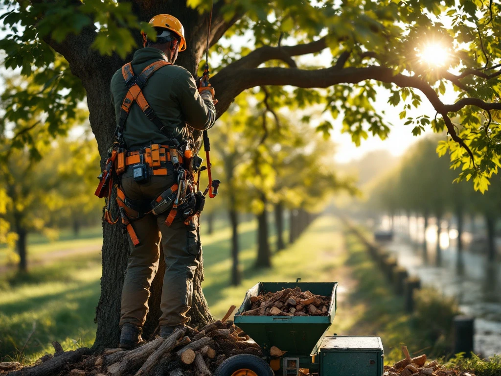Boomverzorger in veiligheidsuitrusting snoeit zorgvuldig takken hoog in eikenboom, met typisch Nederlands kanaallandschap en professionele apparatuur op de achtergrond.
