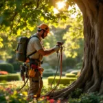 Professionele boomverzorger in veiligheidsuitrusting inspecteert een grote eikenboom in een verzorgde tuin met bloemperken onder warm middaglicht.