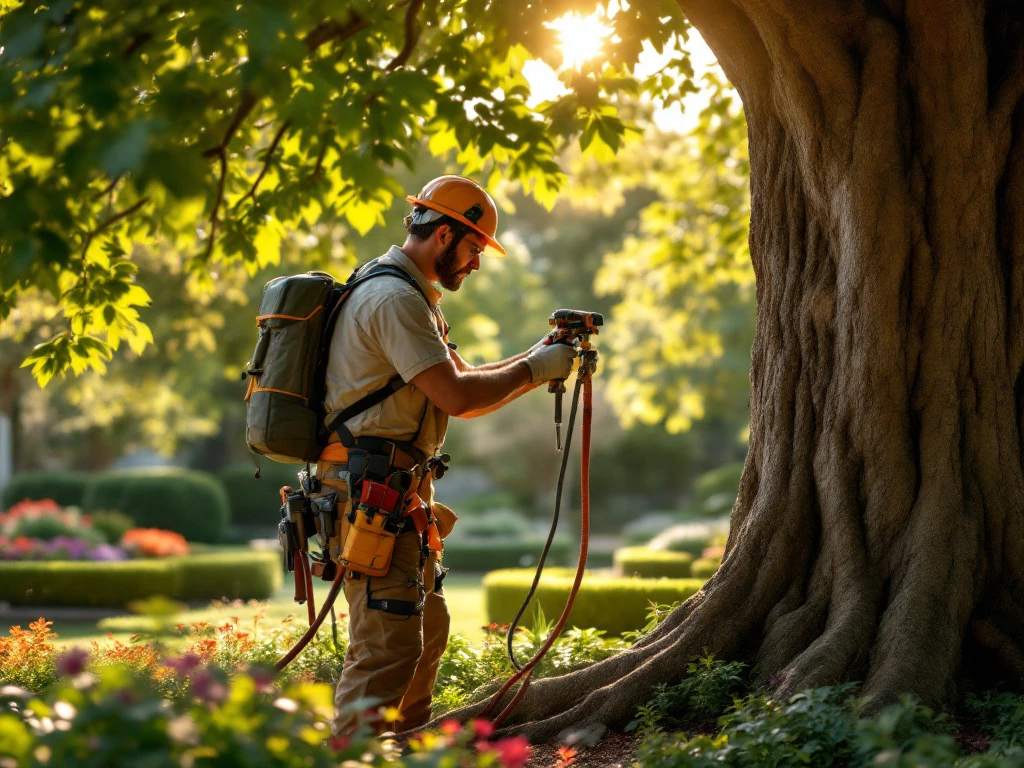 Professionele boomverzorger in veiligheidsuitrusting inspecteert een grote eikenboom in een verzorgde tuin met bloemperken onder warm middaglicht.