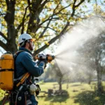 Boomverzorger in veiligheidsuitrusting klimt in grote eik in Almere park, snoeit dode takken terwijl zonlicht door bladeren valt en gereedschap beneden ligt.