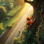 Boomverzorger in harnas snoeit takken hoog in een eik in stadspark Almere, met zonlicht door bladerdak en professioneel gereedschap op de grond.