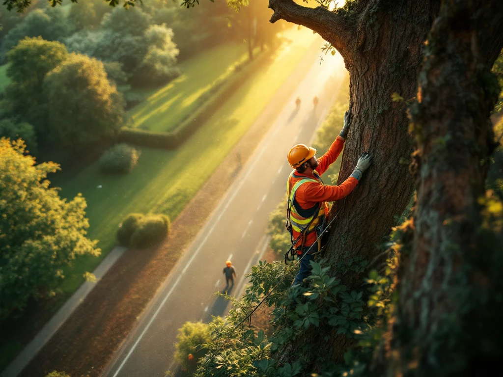 Boomverzorger in harnas snoeit takken hoog in een eik in stadspark Almere, met zonlicht door bladerdak en professioneel gereedschap op de grond.