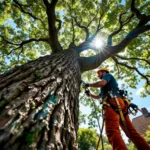 Boomverzorger snoeit een grote eikenboom in een tuin in Almere, met professionele uitrusting en onder een heldere blauwe lucht met gefilterd zonlicht.