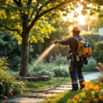 Boomverzorger in beschermende uitrusting onderhoudt een grote gezonde boom in een zonnige tuin te Almere, met gespecialiseerd gereedschap en prijslijst.