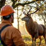 Boomverzorger in veiligheidsuitrusting kijkt omhoog naar majestueuze eik in zonnig park te Almere, omringd door professioneel snoeigereedschap op beschermende mat.