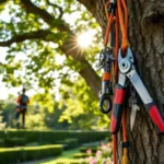 Professionele boomklimuitrusting aan een eikenboom in een tuin in Almere, met een boomverzorger die de boom beklimt terwijl zonlicht door het bladerdak valt.