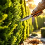 Professionele tuinschaar knipt nauwkeurig een conifeerhaag in middaglicht. Op de achtergrond staan verzorgde coniferen en tuingereedschap ligt klaar.