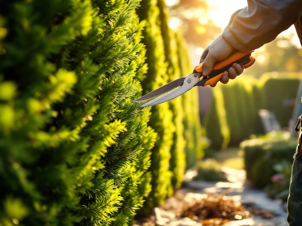 Professionele tuinschaar knipt nauwkeurig een conifeerhaag in middaglicht. Op de achtergrond staan verzorgde coniferen en tuingereedschap ligt klaar.