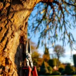 Vers geknotte wilg met afgeronde kroon tegen blauwe Nederlandse lucht. Snoeischaar en zaag bij de stam, gouden namiddaglicht in een verzorgde tuin in Almere.
