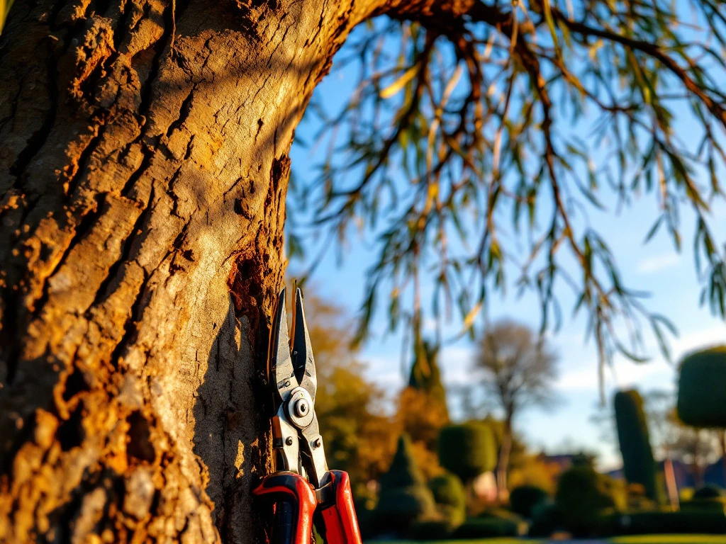 Vers geknotte wilg met afgeronde kroon tegen blauwe Nederlandse lucht. Snoeischaar en zaag bij de stam, gouden namiddaglicht in een verzorgde tuin in Almere.