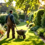Professionele tuinier snoeit heggen in verzorgde Nederlandse achtertuin in Almere, met kruiwagen tuinafval en zonlicht over kleurrijke bloembedden.