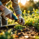 Professionele hovenier trimt zorgvuldig een plant in een weelderige tuin tijdens zonsondergang, met tuingereedschap en financiële berekeningen op tablet.