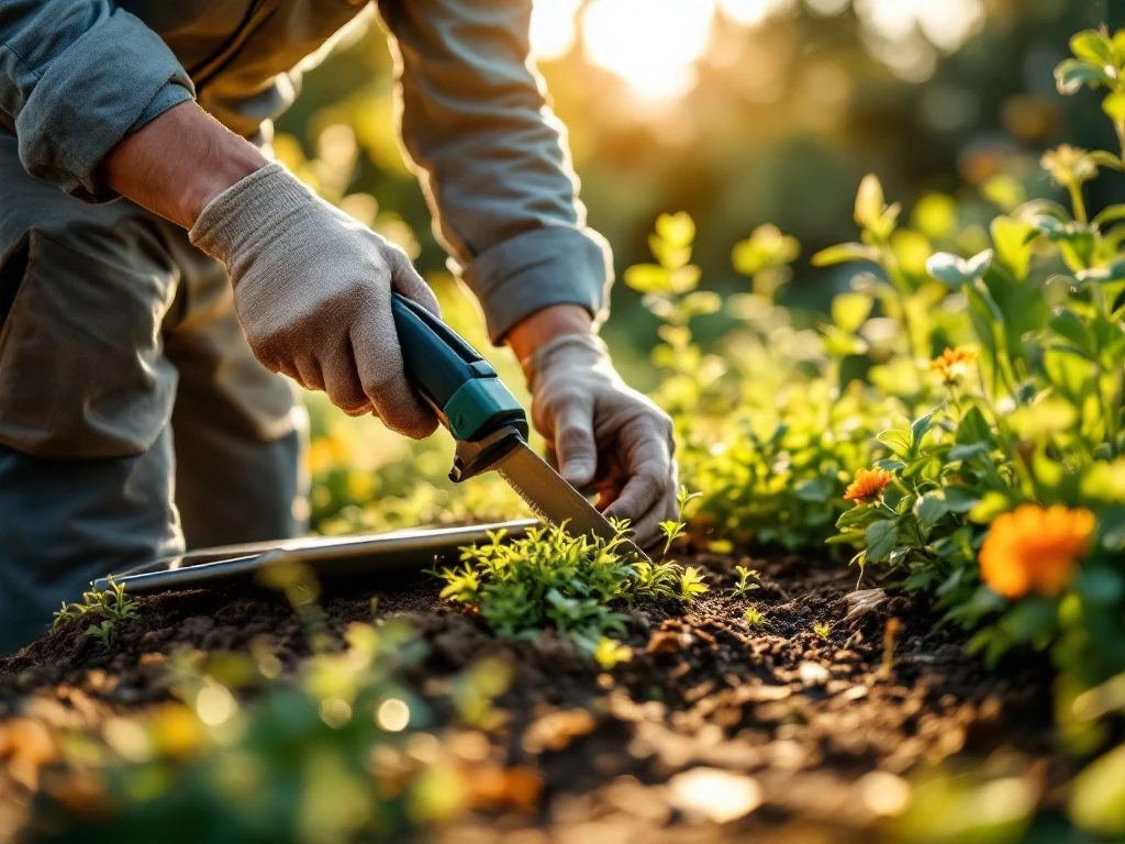 Professionele hovenier trimt zorgvuldig een plant in een weelderige tuin tijdens zonsondergang, met tuingereedschap en financiële berekeningen op tablet.