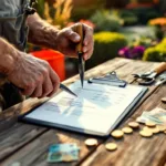 Verweerde handen van een tuinman met professioneel gereedschap, naast factuur en eurobiljetten, met verzorgde tuin op achtergrond in gouden zonlicht.