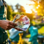 Tuiniersderhanden met grondsporen tellen eurobiljetten na voltooide werkdag, met op achtergrond een fraai aangelegde tuin in Almere in gouden middaglicht.