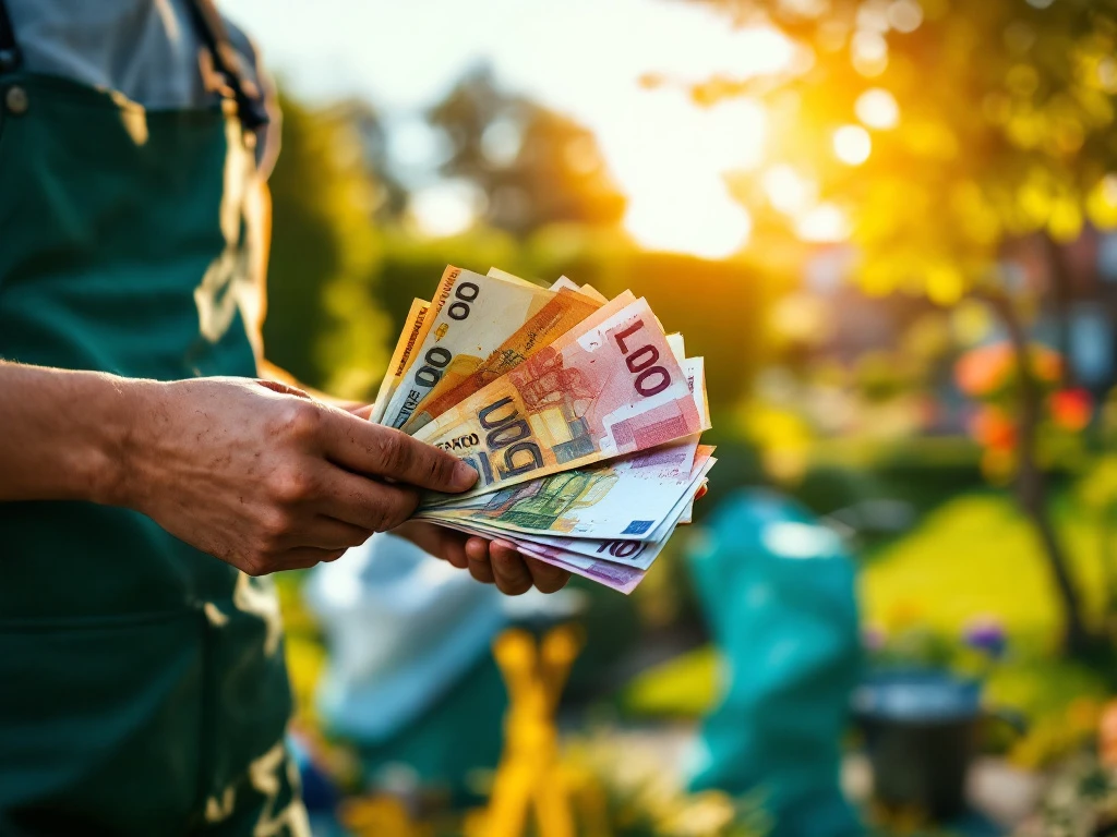 Tuiniersderhanden met grondsporen tellen eurobiljetten na voltooide werkdag, met op achtergrond een fraai aangelegde tuin in Almere in gouden middaglicht.