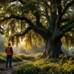 Hovenier met snoeischaar bekijkt overhangende takken van een grote boom die over de tuingrens groeit. Warme avondzon schijnt door het bladerdak op beide verzorgde tuinen.