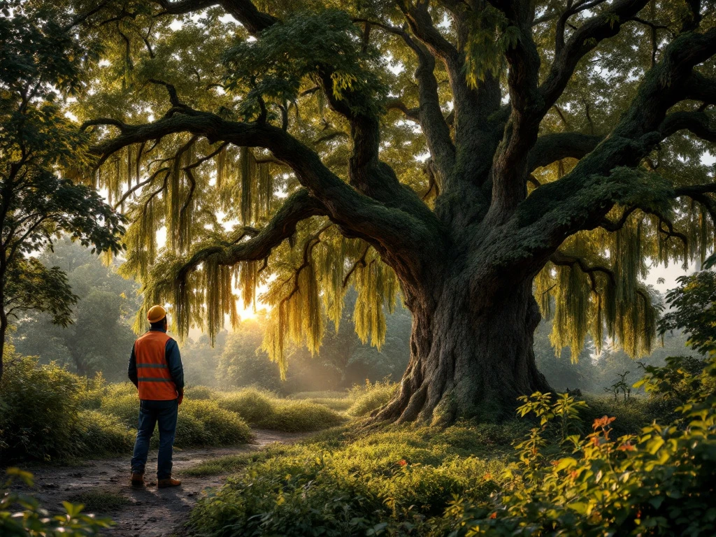 Hovenier met snoeischaar bekijkt overhangende takken van een grote boom die over de tuingrens groeit. Warme avondzon schijnt door het bladerdak op beide verzorgde tuinen.