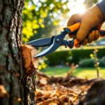 Professionele boomsnoeier knipt een dikke tak af met scherpe snoeischaar in een verzorgde tuin in Almere, zonlicht valt door bladerdak