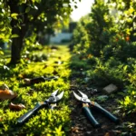 Contrasterende tuinscène: slecht gesnoeide bomen naast professioneel onderhouden bomen, met snoeischaar op de voorgrond in namiddaglicht