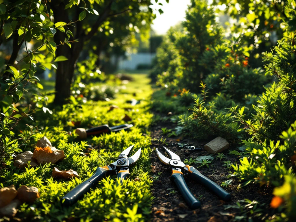 Contrasterende tuinscène: slecht gesnoeide bomen naast professioneel onderhouden bomen, met snoeischaar op de voorgrond in namiddaglicht
