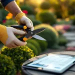 Professionele tuinier met handschoenen knipt sierstruiken in luxe tuin in Almere, met tablet voor prijsberekening en stenen paden op achtergrond.