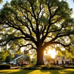 Professionele boomverzorgers snoeien hoge takken van een majestueuze eik vanuit een hoogwerker, terwijl avondzonlicht door de kruin filtert en een grondploeg takken verzamelt.