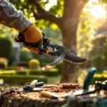 Professionele snoeischaar die een dikke tak knipt in een verzorgde tuin in Almere, met zonlicht door bladeren en een vakkundige hovenier met beschermende kleding.